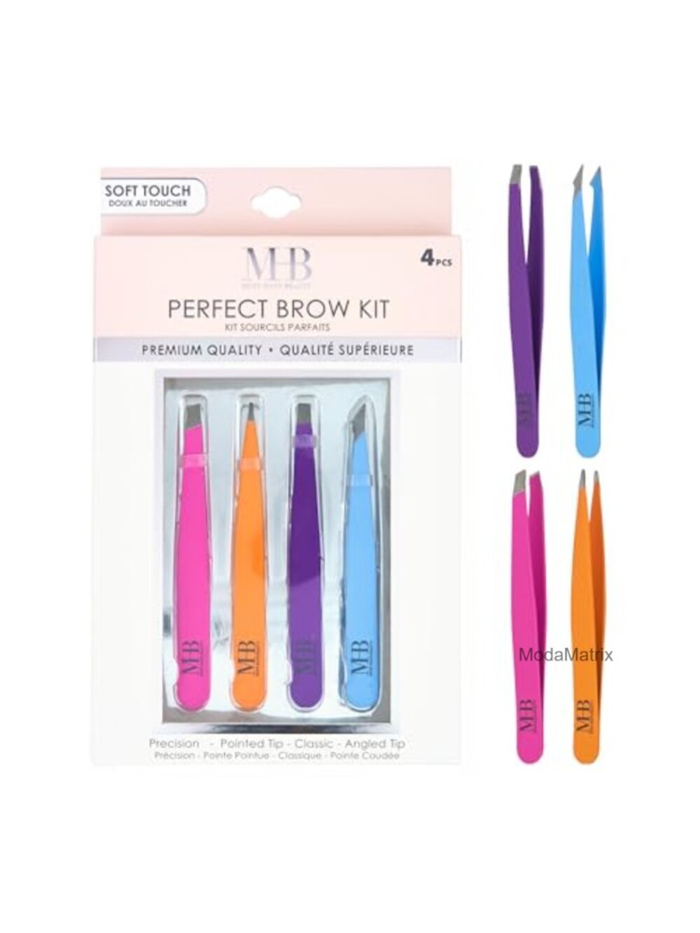 4pc Soft Touch Tweezer Set Angled Pointed Precision Hair Removal